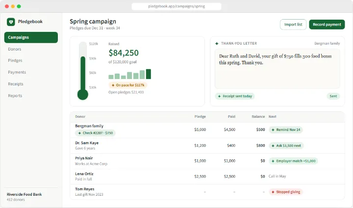 Pledgebook sample app, finished screen