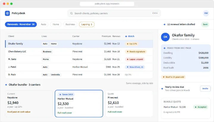 Policydesk sample app, finished screen