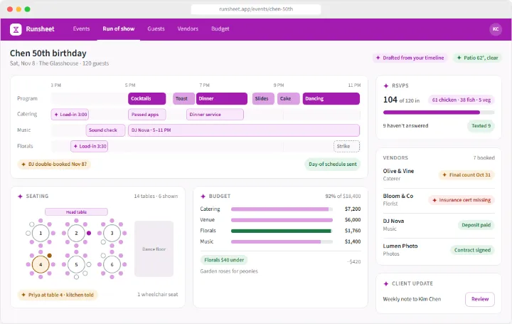Runsheet sample app, finished screen